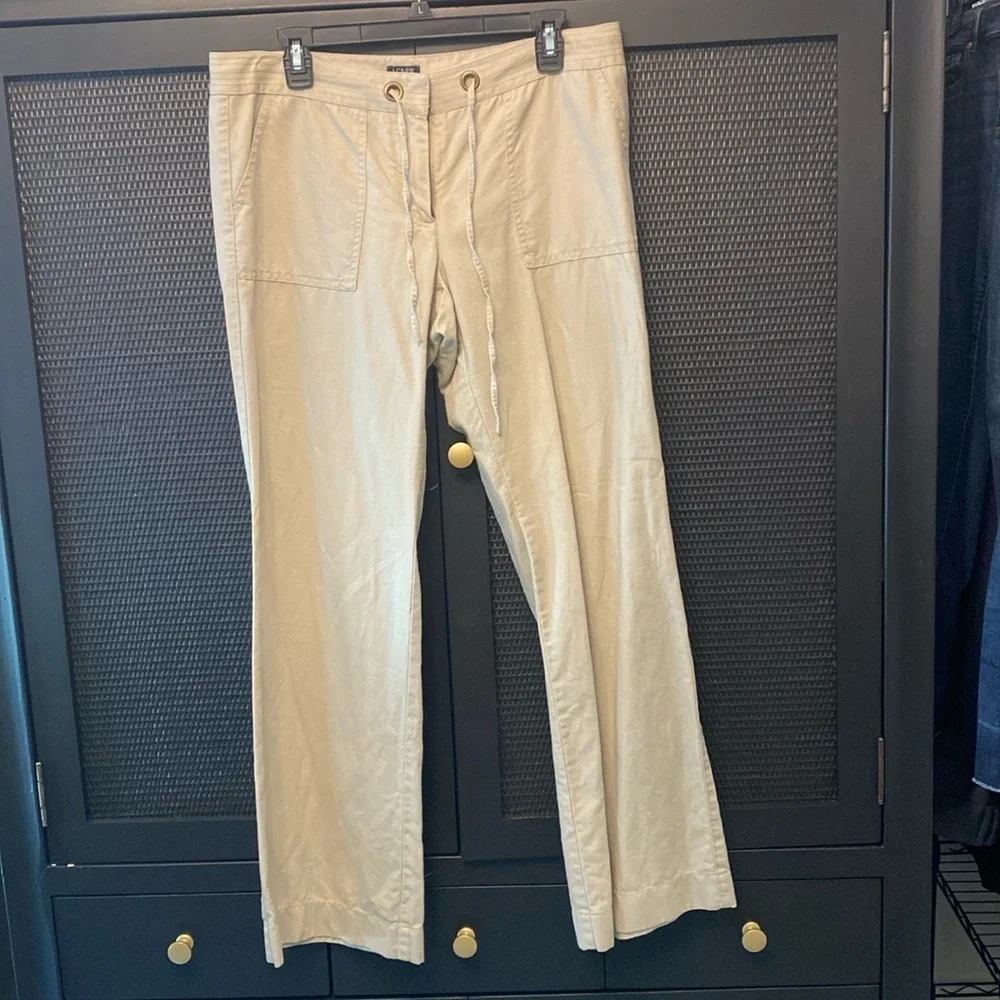 J Crew City Fit Cargo Pants Linen Cotton Draw String Pocket Flat Front Khaki 10
